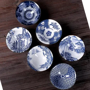 6 шт./компл. Цзиндэчжэньская керамическая чашка, сине-белая чашка, чайная чашка, коническая чаша с ручной росписью, китайский чайный сервиз, аксессуары