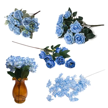 Синий тон бархатного цвета дешевые оптовые искусственные цветы вишневый цвет, пион, роза, гортензия, свадебный декор для сцены