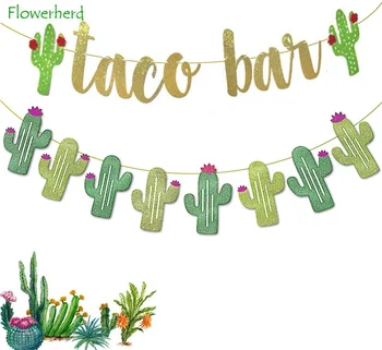2 Комплекта Fiesta Taco Bar Баннер с Кактусом, Гирлянда, Золотисто-Зеленый Блестящий Баннер Fiesta для Мексиканской Вечеринки Fiesta, Украшения Cinco De Mayo