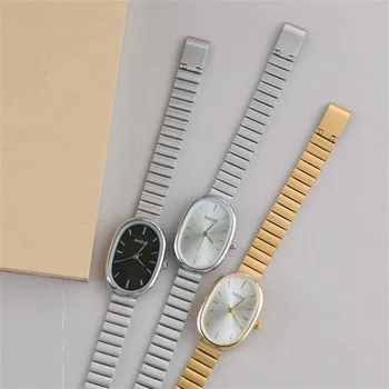 Лидер продаж, Овальные красивые женские часы для женщин, простой серебряный и золотой ремешок из нержавеющей стали, кварцевые минималистичные наручные часы