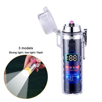 Горячая Прозрачная водонепроницаемая двухдуговая зажигалка с фонариком, Портативная уличная зажигалка, зарядка через USB, мужской подарок