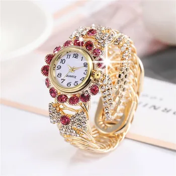Модные женские часы с цифровым выдолбленным ремешком, инкрустированным бриллиантами, циферблатом в форме цветка и женские часы