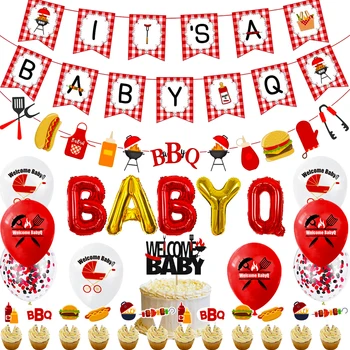 Украшения для детского душа для барбекю, это баннер Baby Q, приветственный топпер для детского торта, воздушные шары из фольги Baby Q, принадлежности для вечеринки в честь детского душа для пикника