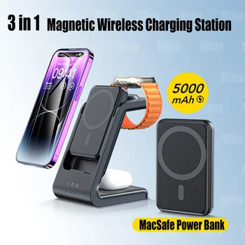 Магнитная Беспроводная Зарядная станция 3 В 1 5000 мАч Power Bank 15 Вт MacSafe Для iPhone 14 13 12 Pro Max Apple Watch Ultra 8 7 AirPod