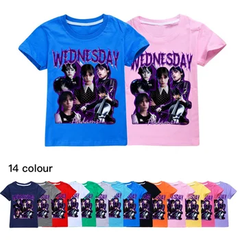 2023 Новая детская футболка Wednesday Addams для девочек и маленьких мальчиков с принтом, летние повседневные свободные футболки для подростков, топы