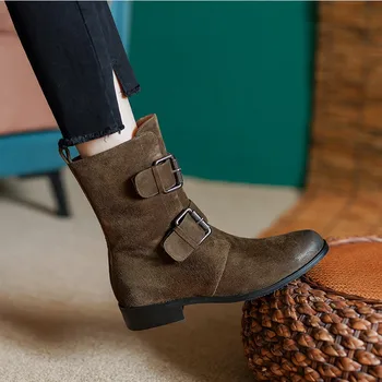 Повседневные стильные зимние ботинки из овчины, осенне-весенняя качественная теплая обувь с пряжками, современная женская Уличная обувь, женские короткие ботинки