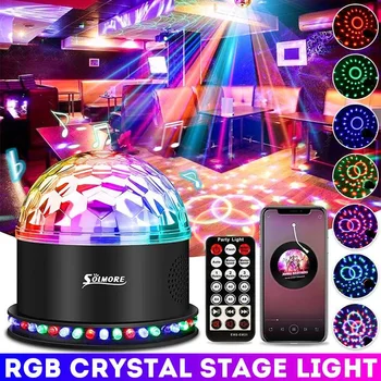 Светодиодный Диско-Хрустальный Вращающийся Магический шар, 6 цветных сценических проекторных ламп, Музыкальное управление, лампа для вечеринки с дистанционным управлением