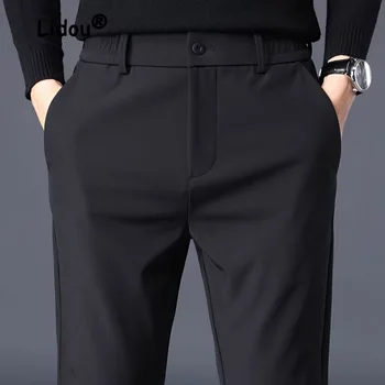 Классические однотонные деловые брюки с узкими карманами, Классические брюки на молнии и пуговицах, черные рабочие универсальные молодежные повседневные мужские осенние брюки