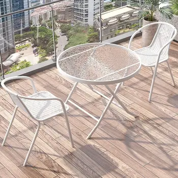Открытый балкон маленький столик набор стульев для отдыха белый комбинированный складной столик маленький бытовой чайный столик набор уличной мебели