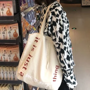 Женская Холщовая сумка Через плечо, женская повседневная сумка-тоут в Корейском стиле, Хлопковая Многоразовая пляжная сумка для покупок на молнии Большой емкости