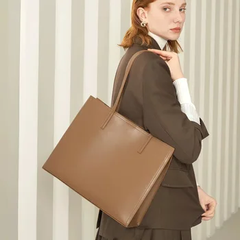 Женская однотонная сумка-тоут из коровьей кожи, Большая Вместительная Высококачественная сумка на плечо для поездок на работу, Кожаная сумочка