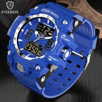 FOXBOX Спортивные цифровые часы для мужчин, Армейский Камуфляж, наручные часы для плавания, Будильник, Календарь, Светодиодная подсветка, часы с двойным временем, синий