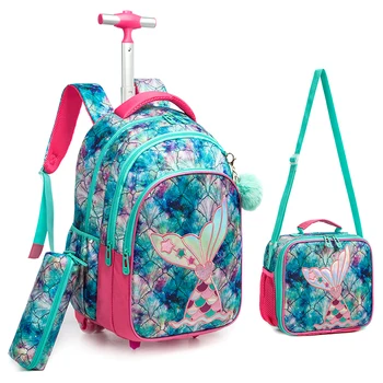 Детские школьные сумки для девочек На колесиках, сумка-тележка с пакетом для ланча, школьный набор, рюкзак для подростков, Рюкзак на колесиках