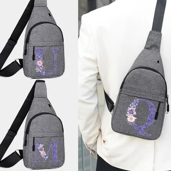 Наплечная нагрудная сумка, мужские сумки, поясная сумка с ремешком, спортивная сумка через плечо, Нагрудная сумка-мессенджер, Фиолетовый цветок, сумка для мобильного телефона с 26 буквами