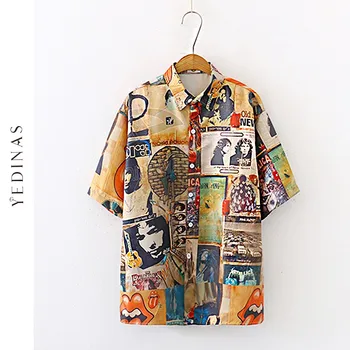 Yedinas/ Рубашки с коротким рукавом, Свободная Уличная одежда в стиле Харадзюку, Панк, Женские Винтажные Повседневные женские Блузки, Рубашки, Модные топы в стиле хип-хоп 2020