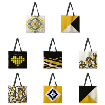 Черно-желтая скандинавская геометрическая сумка-тоут, сумка через плечо из льняной ткани, повседневная сумка-тоут, складная сумка для покупок, многоразовая пляжная сумка