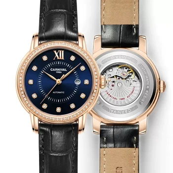 Роскошные оригинальные брендовые часы CARNIVAL для женщин, Водонепроницаемые механические женские наручные часы с бриллиантами и Скелетом, Подарочный набор
