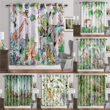 Плотные шторы с животными тропического леса для Спальни, Шторы в скандинавском стиле для гостиной, Домашний декор с высокой затененностью (70%-90%), 2 панели