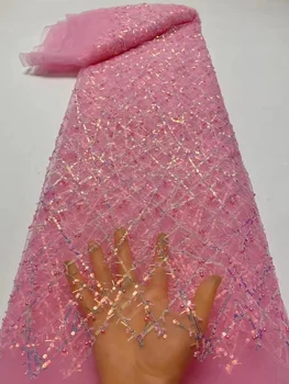 Кружевная ткань с тяжелыми розовыми блестками и бусинами Для Свадебного платья, Роскошное вечернее платье, Французское кружево 5 Ярдов