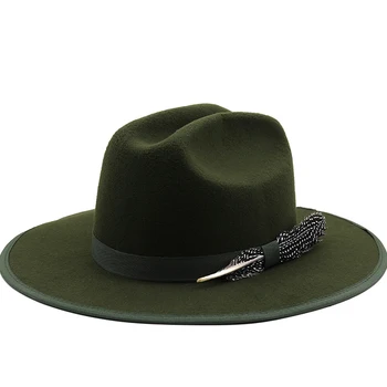 Новая Военная зеленая Шерстяная лента с перьями, Женская Фетровая шляпа, Мужские ковбойские шляпы, Элегантная Дамская Бандитская фетровая шляпа Хомбург, Церковная Джазовая Шляпа