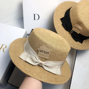 Новая японская шляпа с плоским верхом из рафии с бантом из тонкой травы, летняя высококачественная соломенная шляпа с защитой от солнца, пляжная шляпа с УФ-излучением, женская шляпа