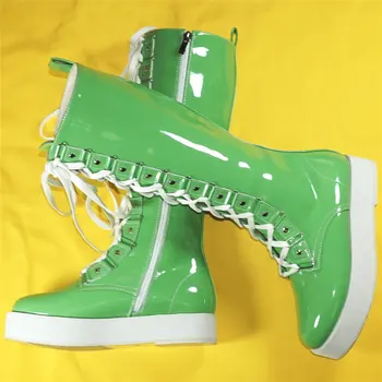 Зеленые Туфли-лодочки на платформе, Женские сапоги до бедра из лакированной кожи на шнуровке, Женские зимние Модные кроссовки с круглым носком, Повседневная обувь