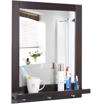 Настенное зеркало для ванной комнаты Homfa Braun в деревянной раме с полкой для косметики и крючком 52 x 68 см
