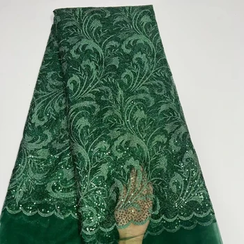 Зеленая кружевная ткань Длиной пять ярдов, платья для свадебных мероприятий, Материалы для одежды, Нигерийский Тюль, Блестки, Кружевные ткани