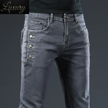 Мужские джинсы с пуговицами сбоку, приталенные классические повседневные универсальные темно-серые офисные мужские брюки из эластичного денима, брендовая одежда