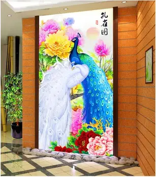 3d обои на заказ фреска в китайском стиле павлин, пион, цветы и птицы, крыльцо, гостиная, домашний декор, фотообои на стену