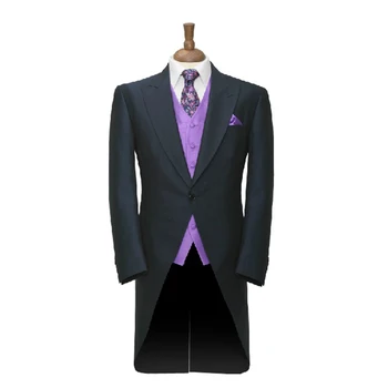 Сшитый по индивидуальному заказу темно-синий фрак с фиолетовым жилетом, сшитый на заказ фрак-смокинг с длинным хвостом, сшитые на заказ мужские костюмы