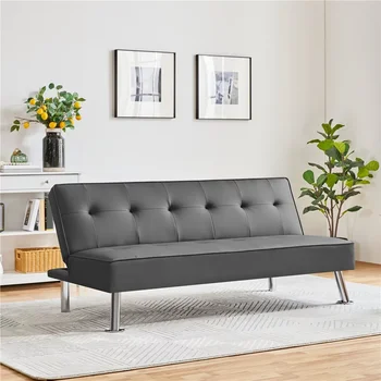 Раскладной диван-футон из искусственной кожи с хромированными металлическими ножками, серый