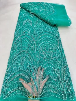 Роскошная африканская кружевная ткань Sequence 2023 синего цвета, новейшая высококачественная французская тюлевая кружевная вышивка бисером для вечернего платья