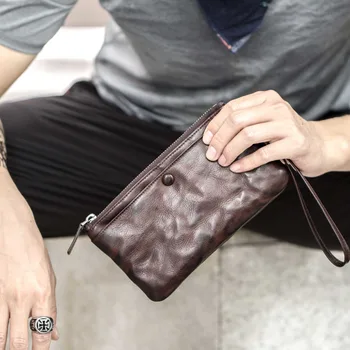 Мужской многофункциональный кожаный кошелек ручной работы в стиле ретро из мягкой воловьей кожи с длинной застежкой-молнией, сумка для мобильного телефона 