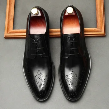 Классические деловые мужские Оксфорд модельные туфли из натуральной кожи острым носом мода зашнуровать высокие качественные офисные свадебные формальные туфли мужские