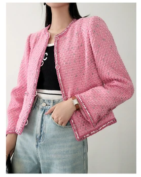 2023 Осенние модные Женские высококачественные куртки из милого розового твида во французском стиле, Элегантное короткое пальто с круглым вырезом F192